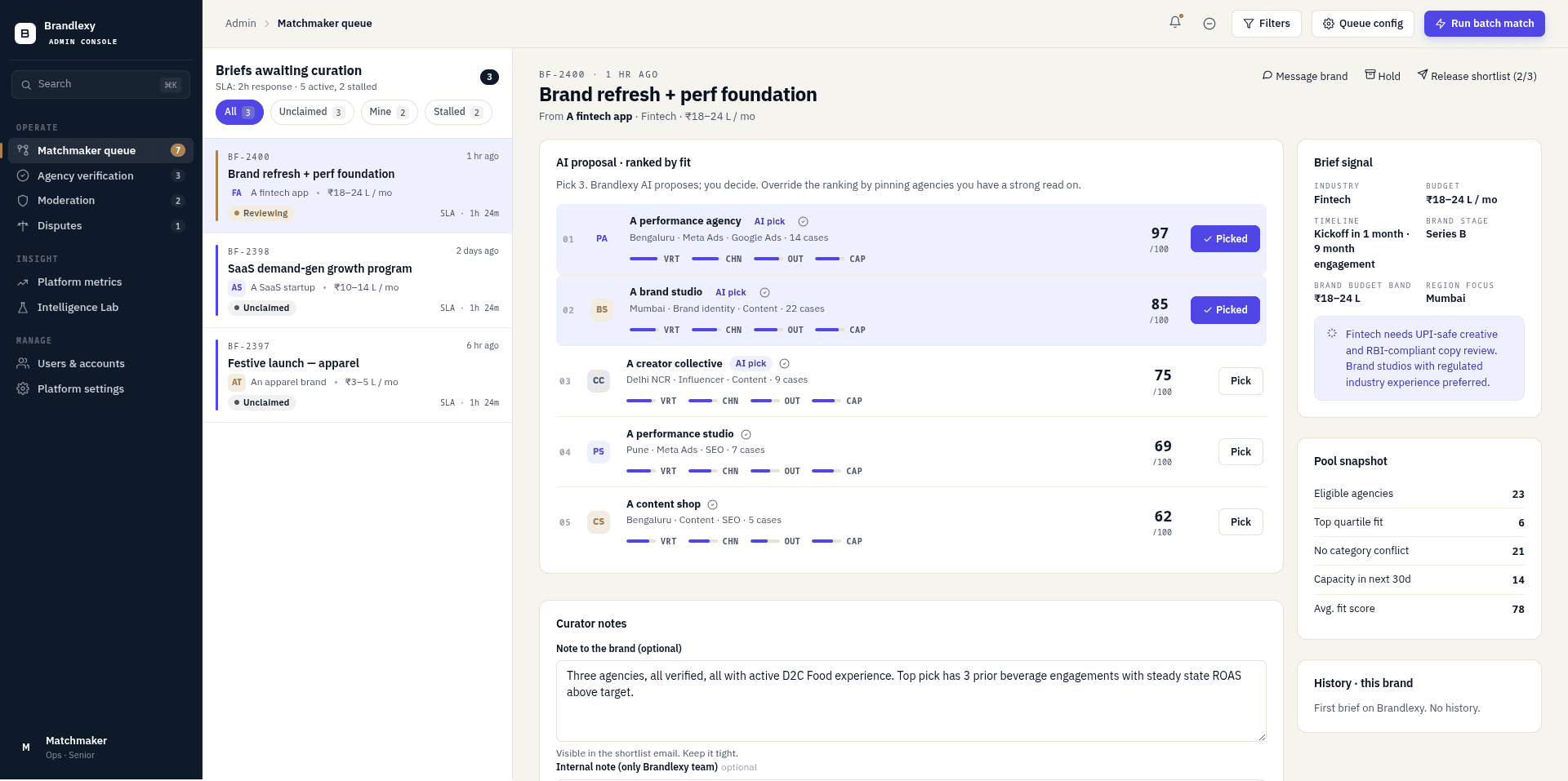 Admin matchmaker queue with AI proposal, methodology bars, pool snapshot, and brief signal